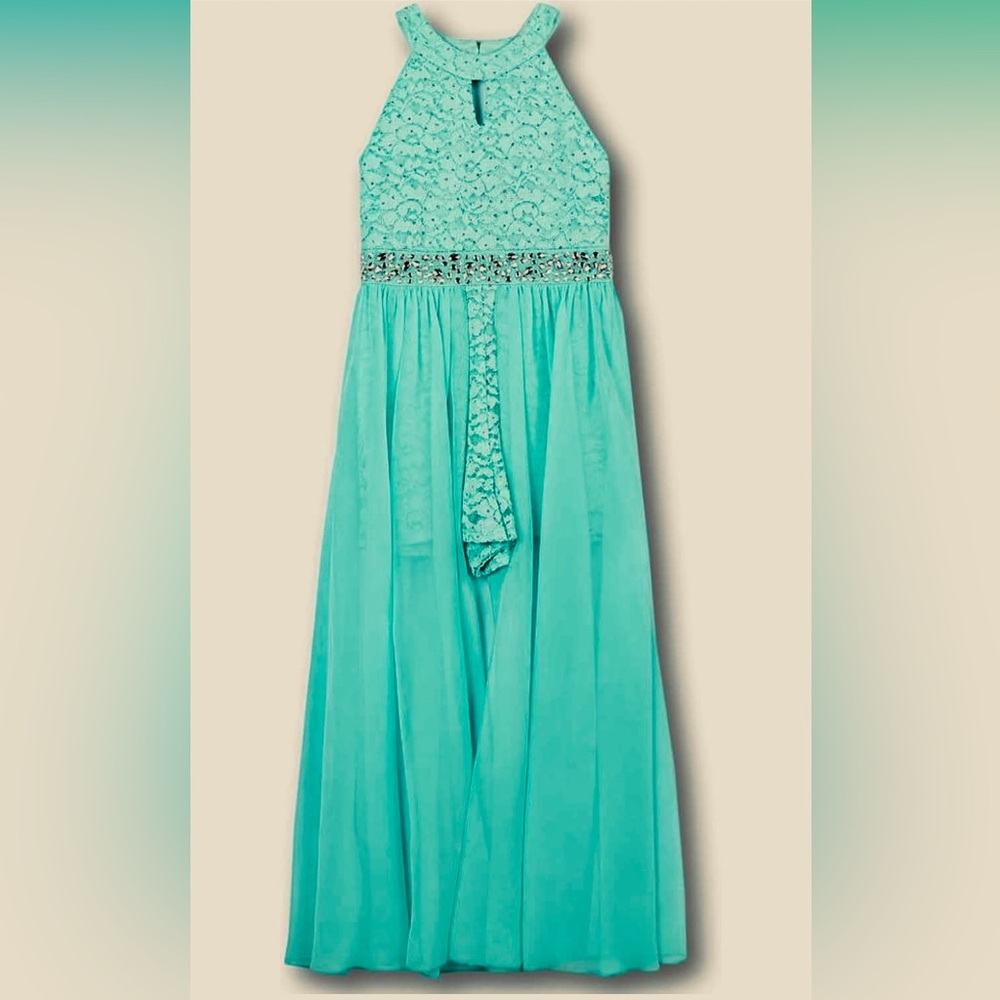 Girls' Teal Lace & Chiffon Halter Dress